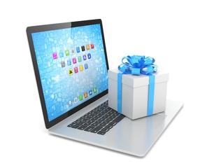 Gift box with ribbon bow on laptop keyboard. 3d rendering.