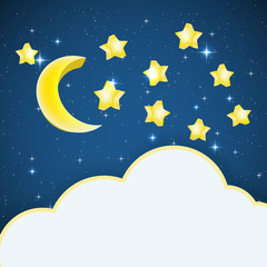 Obraz na płótnie Canvas night sky background with cartoon stars and moon and cloud frame