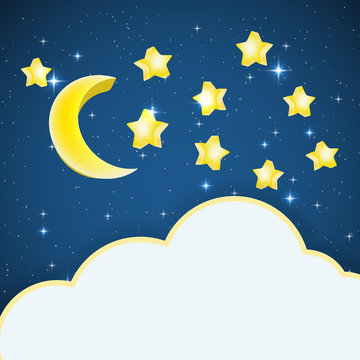 night sky background with cartoon stars and moon and cloud frame
