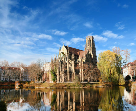 historic church "Johanneskirche" at the lake "Feuersee" in Stuttgart