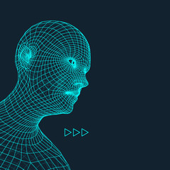 Head of the Person from a 3d Grid. Human Head Wire Model. Human Polygon Head. Face Scanning. View of Human Head. 3D Geometric Face Design. 3d Polygonal Covering Skin. Geometry Polygon Man Portrait.