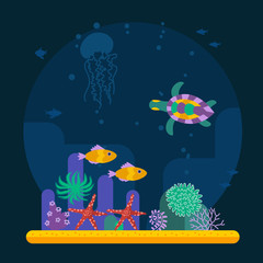 Underwater background with tropical fish and various plant 