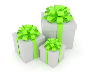 three gift boxes with bows isolated on white. 3d rendering.