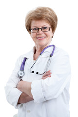 Portrait of confident happy senior woman in doctor uniform, looking at camera, isolated on white background