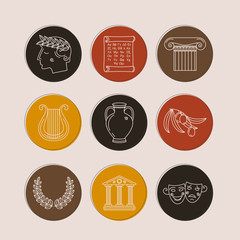 Set of vector images on the theme of ancient Greece. They can be used as logo design elements, as illustration for travel agencies.