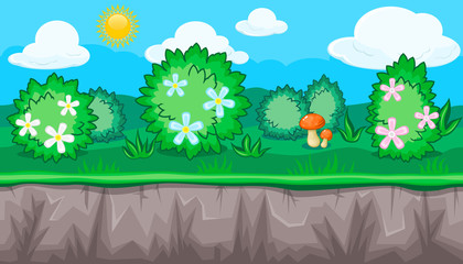 Seamless summer meadow landscape with blooming bushes for game design