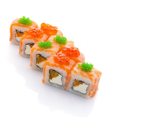 Salmon sushi roll with red and green vaciar isolated on white background