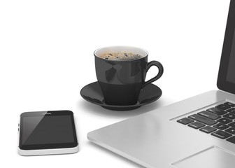 Laptop smartphone and coffee cup on white. 3d rendering.