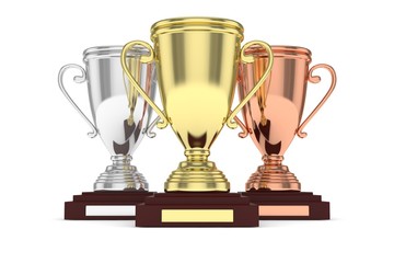 gold silver and bronze cup on white background. 3d Rendering.