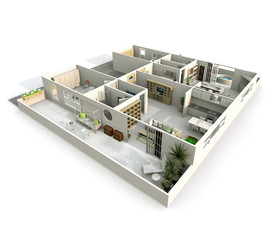 3d interior rendering of oblique pespective view of furnished aparment with terrace