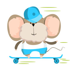 Mouse in a cap on a skateboard. Cartoon character.