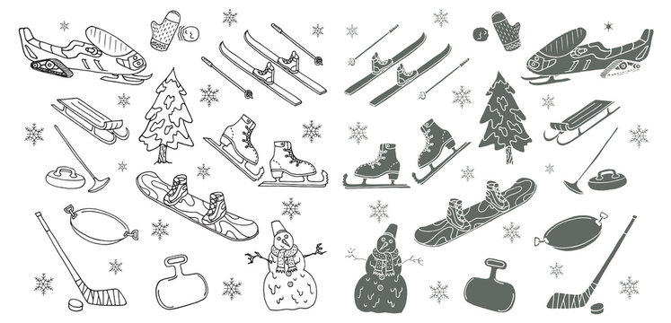 Winter games. Doodle set. Isolated