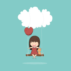 Cartoon girl and cat swinging on a cloud, drawing by hand vector