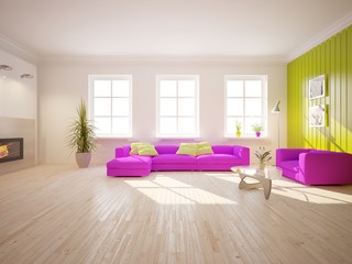 White interior design of living room with colored furniture