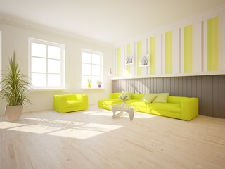 White interior design of living room with colored furniture