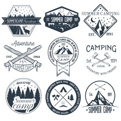 Vector set of camping labels in vintage style. Summer camp outdoor adventure concept illustration.