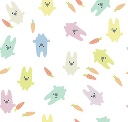 Vector cute  rabbits  with carrots seamless pattern isolated.