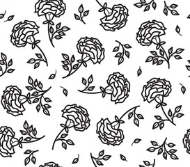 Vector roses flowers seamless pattern, black silhouette isolated