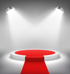 Illuminated Festive Stage Podium Scene with Red Carpet for Award