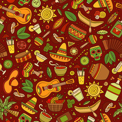 Cartoon hand-drawn latin american, mexican seamless pattern
