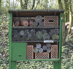 Man-made refuge for insects which are beneficial for garden and flowers. Insects get into the little holes so they can be protected. It is also called "bee hotel"