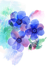Fototapeta na wymiar Watercolor card with beautiful blue flowers