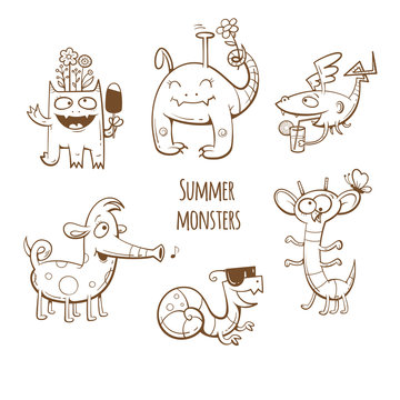 Cartoon summer monsters set. Summer food and drink. Vector image. Children's illustration. Cute monsters collection. Transparent background. Contour image.