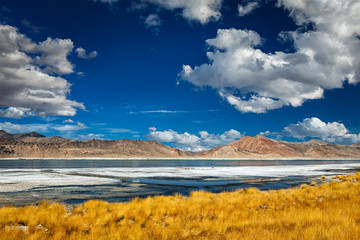 Mountain lake Tso Kar in Himalayas