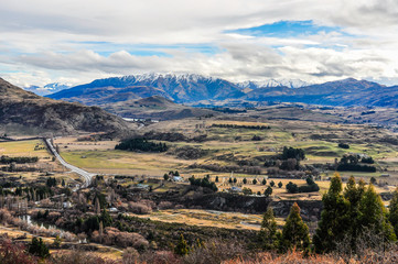 Views in the Crown Range Road near Queenstown in Southern Lakes,