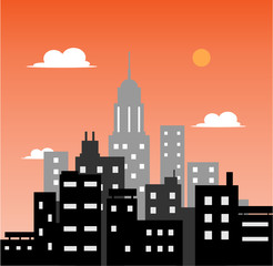 City at Sunset, a hand drawn vector illustration of a city at sunset.