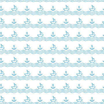 seamless waves pattern with anchors and sailboats