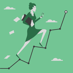 Fototapeta premium Business concept vector illustration. Woman reaching goal and holding smartphone in her hand