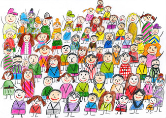 Naklejka premium peoples team group portrait, children drawing object on paper, hand drawn art picture