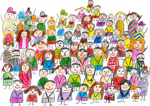 peoples team group portrait, children drawing object on paper, hand drawn art picture