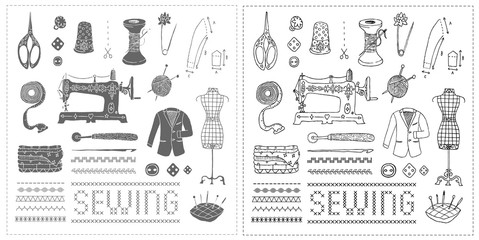 Illustration of vintage sewing accessories. Vector. Doodle. Isolated.