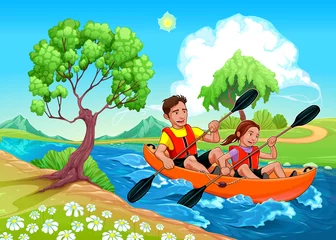 Deurstickers Father and daughter on the kayak in the river © ddraw