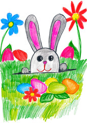 easter rabbit on green grass meadow with eggs and vegetables, holiday concept, spring season, child drawing on paper