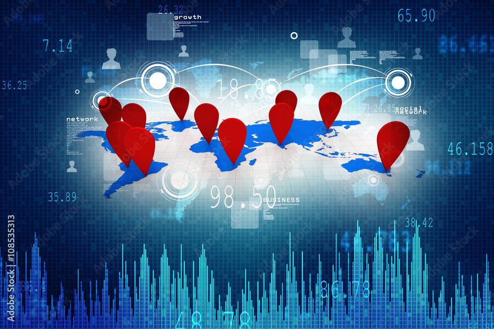 Poster 3d rendering red map pointer with world map
