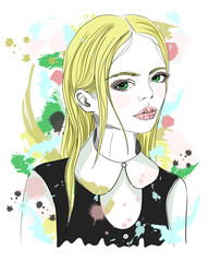 Portrait of a beautiful girl with blond hair. Fashion illustration on abstract background