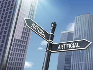 3d road sign saying artificial and natural