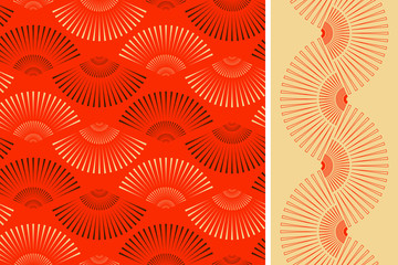 2 Japanese style fan shape seamless patterns in ivory and red