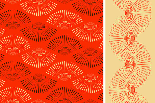 2 Japanese style fan shape seamless patterns in ivory and red