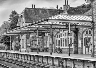 Grange-over-sands, Cumbria, UK. April 5th 2016. Preserved railway station platform at Grange-over-sands railway station, Cumbria, UK