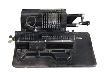 Old black adding machine isolated on white background