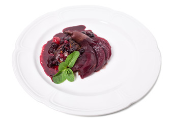 Grilled foie gras with stewed pear.