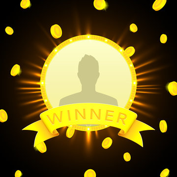 Retro banner of winner with glowing lamps and place for avatar. Vector illustration for winners of poker, cards, roulette and lottery. Vector background with gold coins.