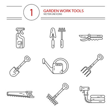 Vector modern line style icons set of garden work tools: secateurs, spray, watering can, shovel, rake, fork, saw. Gardening and agriculture concept.