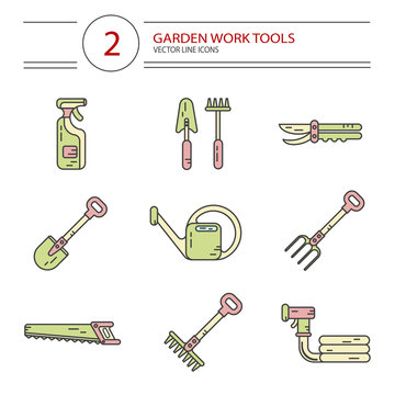 Vector modern line style color icons set of garden work tools: secateurs, spray, watering can, shovel, rake, fork, saw. Gardening and agriculture concept.