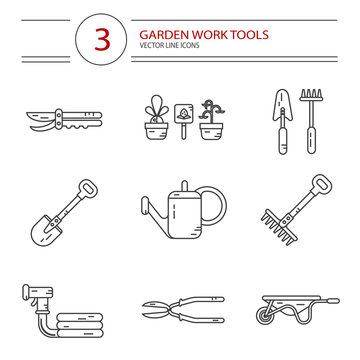 Vector modern line style icons set of garden work tools: secateurs, watering can, shovel, rake, garden cart, garden hose. Gardening and agriculture concept.