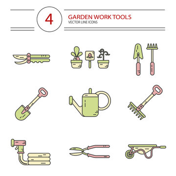 Vector modern line style color icons set of garden work tools: secateurs, watering can, shovel, rake, garden cart, garden hose. Gardening and agriculture concept.